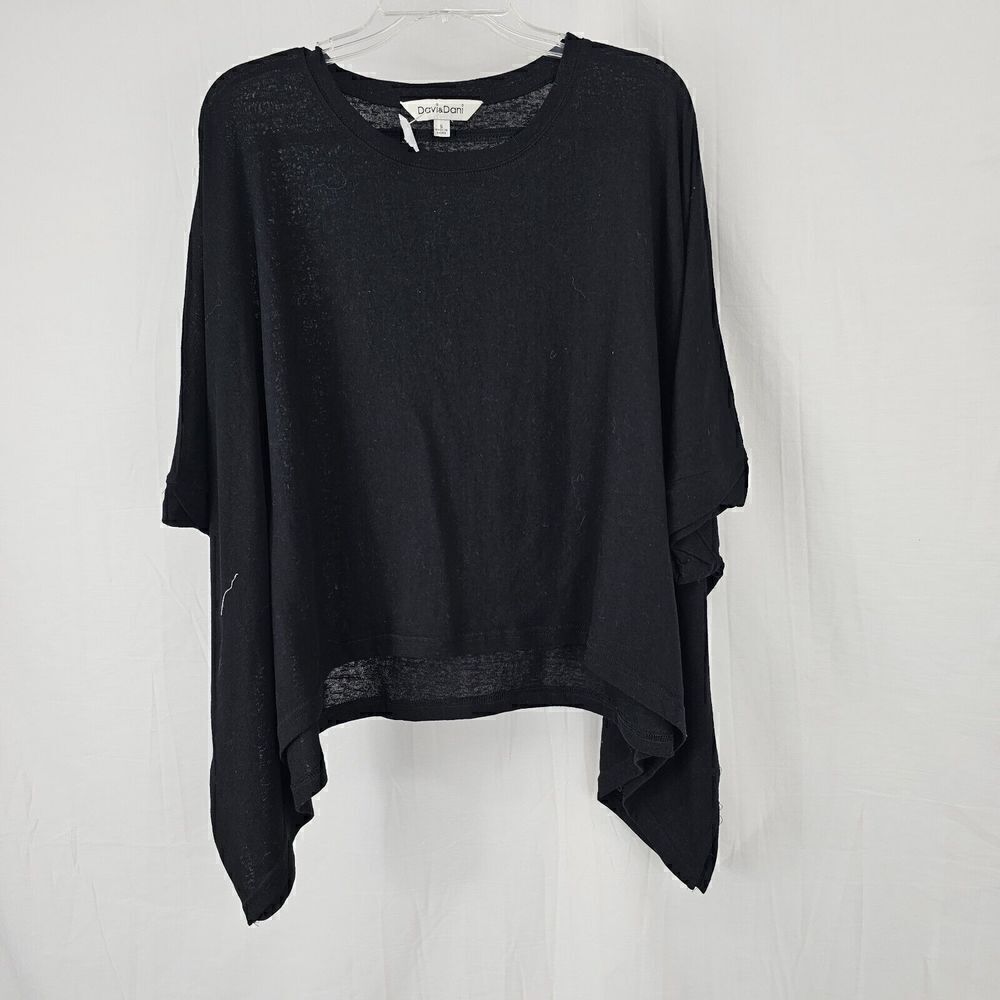 Davi & Dani SOLID ROUND NECK MIDI SLEEVE LOOSE FIT TOP In Black Size Small